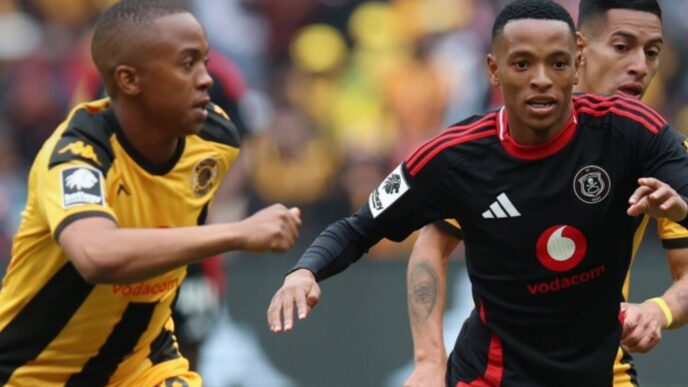 Relebohile Mofokeng weaves past two Kaizer Chiefs players as he fires Orlando Pirates into the lead during the Soweto derby.