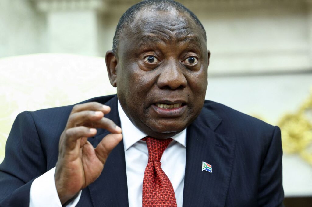 South African President Cyril Ramaphosa speaks as he meets with President Donald Trump in the Oval Office of the White House in Washington, DC, on May 21. Kevin Lamarque/Reuters
