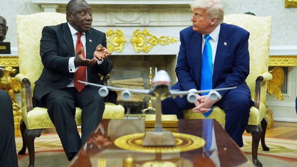 President Donald Trump meets South African President Cyril Ramaphosa in the Oval Office of the White House on Washington, DC, on May 21. Evan Vucci/AP