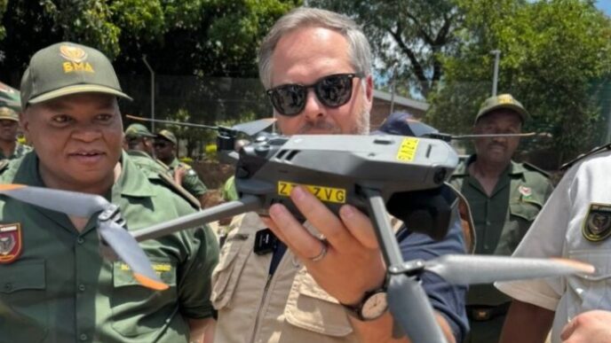 Leon Schreiber, South Africa’s Minister of Home Affairs, displays a drone used in border surveillance operations.