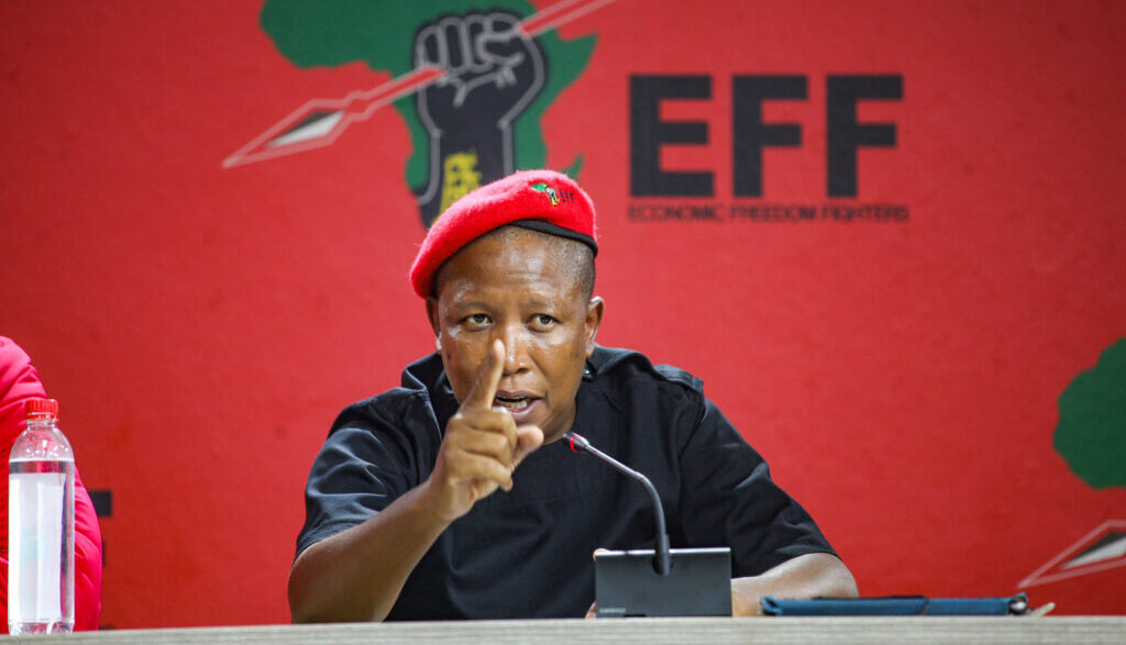 JOHANNESBURG, SOUTH AFRICA - NOVEMBER 25: CIC Julius Malema addresses the media at Winnie Madikizela Mandela House on November 25, 2021in Johannesburg, South Africa. This follows the Inaugural Council Meetings held across the country. (Photo by Gallo Images/Sharon Seretlo)