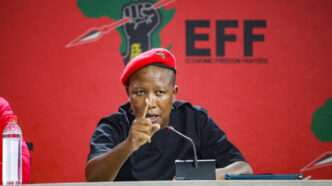JOHANNESBURG, SOUTH AFRICA - NOVEMBER 25: CIC Julius Malema addresses the media at Winnie Madikizela Mandela House on November 25, 2021in Johannesburg, South Africa. This follows the Inaugural Council Meetings held across the country. (Photo by Gallo Images/Sharon Seretlo)
