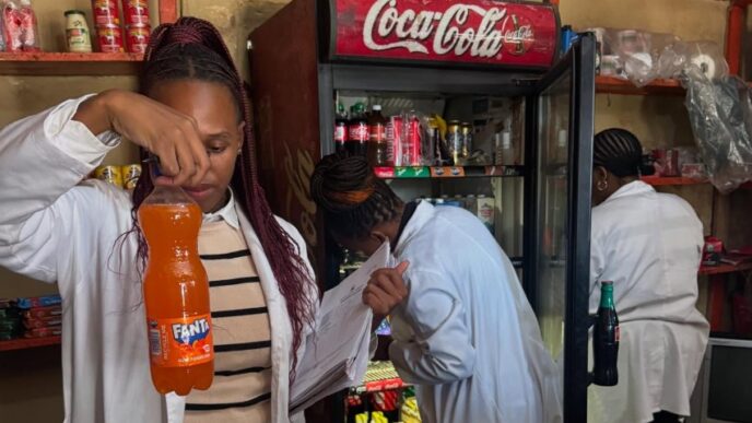 Health inspectors examine the expiry date on a bottled drink during a joint operation in Msunduza, while other officials inspect shelf items for compliance in the background. Photo: Municipal Council Of Mbabane