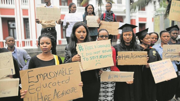 FEBRUARY 22, 2017 DISILLUSIONED: Unemployed graduates vent their frustration outside the East London City Hall as they have no jobs despite being qualified. Picture: ALAN EASON © Daily Dispatch
