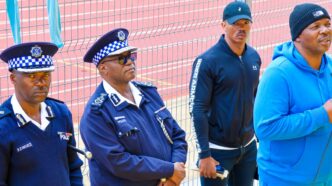 National Commissioner of Police Manoma Vusie Masango addresses Royal Leopard players, urging them to maintain focus ahead of the second leg match this Saturday.