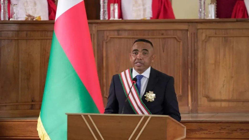 Col. Michael Randrianirina delivers his speech at the high constitutional court after being sworn in as president in Antananarivo, Madagascar, Friday, Oct. 17, 2025. (AP Photo/ Brian Inganga)