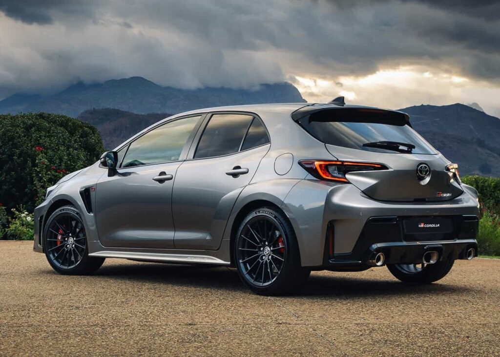GR Corolla still rides on darkened 18-inch alloy wheels. Picture: Toyota