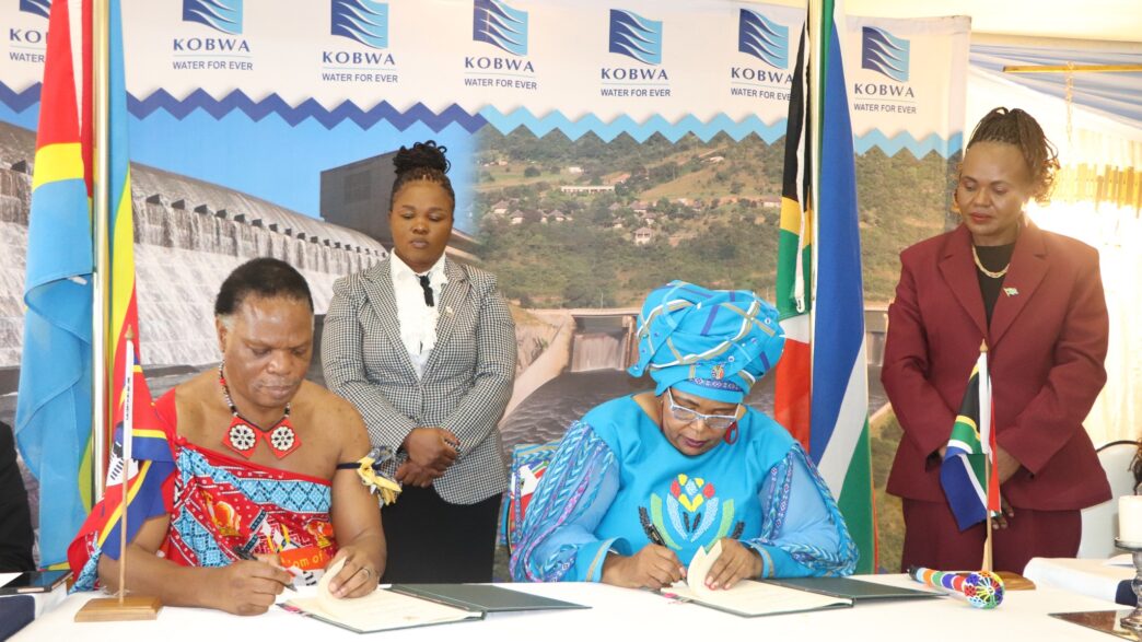 HRH Prince Lokhokhela, Minister of Natural Resources and Energy, and South Africa’s Minister of Water and Sanitation, Hon. Pemmy Majodina, sign the revised Komati Basin Water Authority treaty at Maguga Lodge.