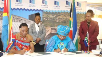HRH Prince Lokhokhela, Minister of Natural Resources and Energy, and South Africa’s Minister of Water and Sanitation, Hon. Pemmy Majodina, sign the revised Komati Basin Water Authority treaty at Maguga Lodge.