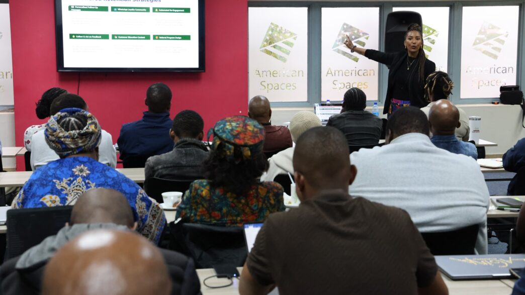 Dawn Dickson engages Eswatini entrepreneurs during an AI driven marketing workshop hosted by the U.S. Embassy in Mbabane last Monday.