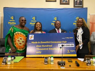: HRH Princess Sakhizwe with Minister Manqoba Khumalo, Melusi Dox Dlamini from A Peculiar People, and MTN Fintech Eswatini representatives at today’s launch of the Made in Eswatini Consumer Fair 2026 in Mbabane. Photo by Eswatini TV