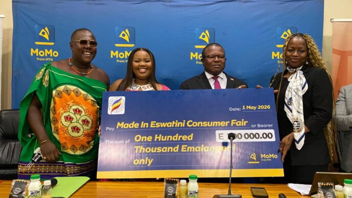 : HRH Princess Sakhizwe with Minister Manqoba Khumalo, Melusi Dox Dlamini from A Peculiar People, and MTN Fintech Eswatini representatives at today’s launch of the Made in Eswatini Consumer Fair 2026 in Mbabane. Photo by Eswatini TV