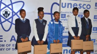 Learners from the Shiselweni Region hold laptops during a STEM activation programme supported by UNESCO and the Kingdom of Eswatini Academy of Sciences. Photo by UNESCO Eswatini.