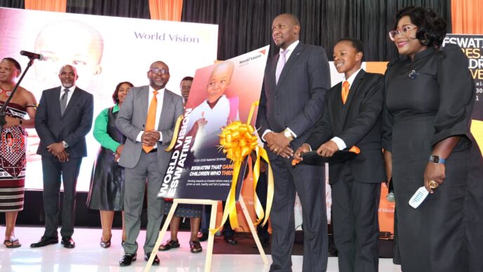 The Prime Minister Honourable Russell Mmiso Dlamini iso Dlamini, Amos Zaindi, and other delegates at the launch of World Vision Eswatini’s National Strategy 2026–2030. Photo by World Vision Eswatini.