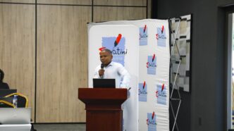 Gcina Dlamini presenting the 2026 Domestic Tourism Study findings during the stakeholder session at Happy Valley. Photo by ESEPARC.