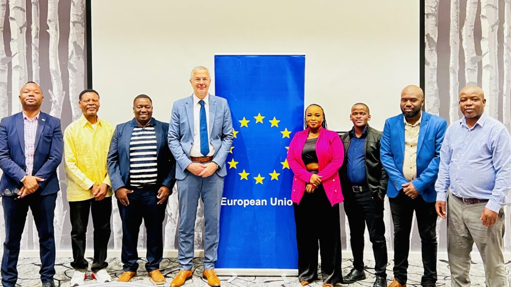EU Ambassador to Eswatini Karsten Mecklenburg poses for a group photo with members of the Eswatini National Editors Forum after their engagement meeting at Hilton Garden Hotel in Mbabane.