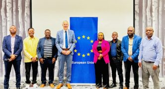 EU Ambassador to Eswatini Karsten Mecklenburg poses for a group photo with members of the Eswatini National Editors Forum after their engagement meeting at Hilton Garden Hotel in Mbabane.