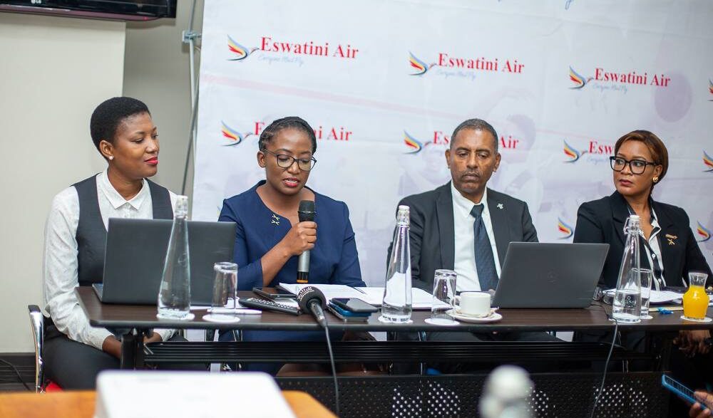 Eswatini Air officials pose for a group photo with representatives from Zambia Civil Aviation, Zambia Airports Corporation Limited, Zambia Tourism Authority, Zambia Travel Agents Association, AirlinePros and EmaSwati students during the Lusaka launch at Protea Hotel Lusaka.