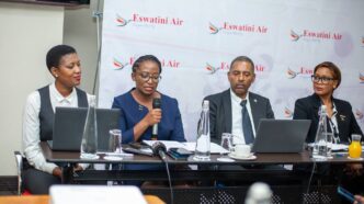 Eswatini Air officials pose for a group photo with representatives from Zambia Civil Aviation, Zambia Airports Corporation Limited, Zambia Tourism Authority, Zambia Travel Agents Association, AirlinePros and EmaSwati students during the Lusaka launch at Protea Hotel Lusaka.