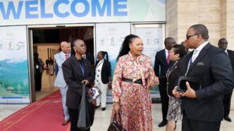 Minister of Foreign Affairs Pholile Shakantu in discussion with H.E. Mr. Sibusisiwe Mngomezulu, Presidency of the Committee of Ambassadors of the Organisation of African, Caribbean and Pacific States, during engagements in Malabo, Equatorial Guinea.