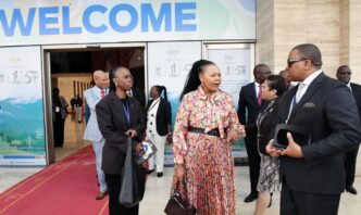 Minister of Foreign Affairs Pholile Shakantu in discussion with H.E. Mr. Sibusisiwe Mngomezulu, Presidency of the Committee of Ambassadors of the Organisation of African, Caribbean and Pacific States, during engagements in Malabo, Equatorial Guinea.