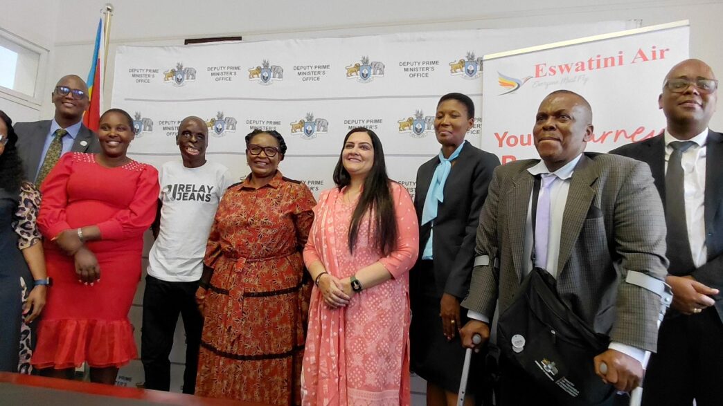 Sabelo Matse stands with Deputy Prime Minister Thulisile Dladla, Cabinet Ministers and partners during the official handover ceremony at the Deputy Prime Minister’s Office ahead of his Zimbabwe tour.