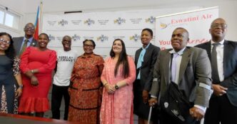 Sabelo Matse stands with Deputy Prime Minister Thulisile Dladla, Cabinet Ministers and partners during the official handover ceremony at the Deputy Prime Minister’s Office ahead of his Zimbabwe tour.