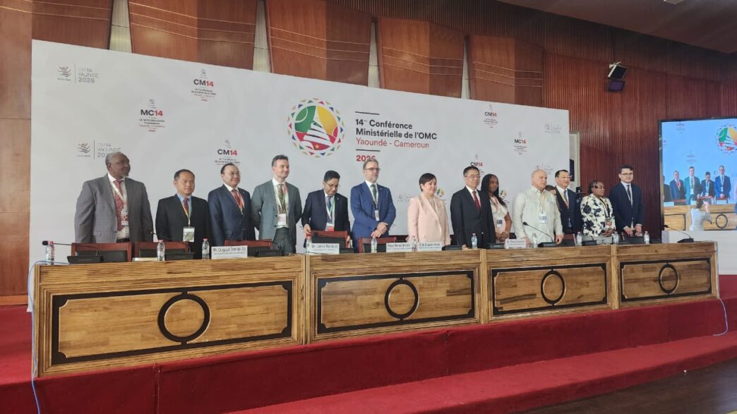 Mr Phesheya Dube, Under Secretary in the Ministry of Commerce, Industry and Trade, joins fellow delegates on stage during the 14th WTO Ministerial Conference in Yaoundé, Cameroon.