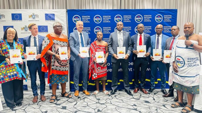 Prime Minister Russell Mmiso Dlamini, Minister Bongani Nzima, EU Ambassador Karsten Mecklenburg and youth representatives pose for a group photo during the launch of the National Youth Development Coordination Framework in Mbabane.