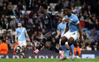 Vinicius Jr scored both Real Madrid goals as they won 2-1 in Manchester. Getty Images