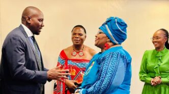 Prime Minister Russell Mmiso Dlamini in discussion with HRH Prince Lonkhokhela, Minister of Natural Resources and Energy, and South Africa’s Minister of Water and Sanitation, Hon. Pemmy Majodina, during a meeting in Mbabane.
