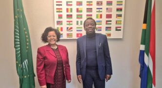 Acting Nigerian High Commissioner to South Africa H E Ambassador Alexander Temitope Ajayi during a courtesy visit to the NEPAD Agency offices, where he met CEO H E Nardos Bekele Thomas and senior representatives to discuss areas of cooperation. Photo X NEPAD Agency