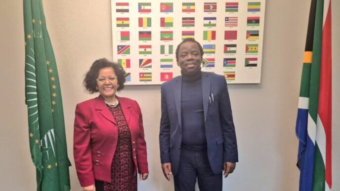 Acting Nigerian High Commissioner to South Africa H E Ambassador Alexander Temitope Ajayi during a courtesy visit to the NEPAD Agency offices, where he met CEO H E Nardos Bekele Thomas and senior representatives to discuss areas of cooperation. Photo X NEPAD Agency