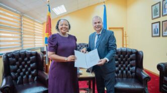 Honourable Minister of Foreign Affairs and International Cooperation Senator Pholile Shakantu receives Letters of Appointment from UNAIDS Country Director and Multi Country Representative Mr Alankar Malviya during a meeting in Mbabane