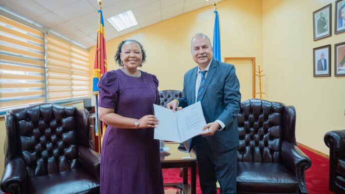 Honourable Minister of Foreign Affairs and International Cooperation Senator Pholile Shakantu receives Letters of Appointment from UNAIDS Country Director and Multi Country Representative Mr Alankar Malviya during a meeting in Mbabane