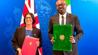 UK Home Secretary Shabana Mahmood and Nigeria’s Interior Minister Dr Olubunmi Tunji Ojo display the signed agreement on deportation cooperation during President Bola Ahmed Tinubu’s state visit to the United Kingdom.