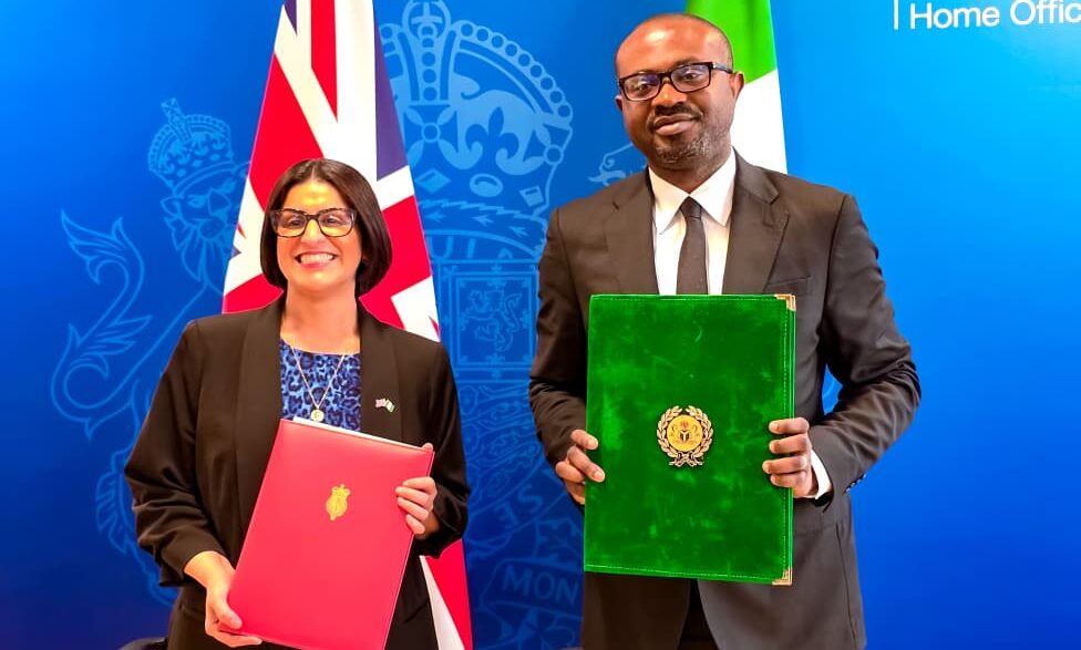 UK Home Secretary Shabana Mahmood and Nigeria’s Interior Minister Dr Olubunmi Tunji Ojo display the signed agreement on deportation cooperation during President Bola Ahmed Tinubu’s state visit to the United Kingdom.