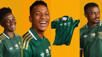 Bafana Bafana and Banyana Banyana players modelling the new 2026/27 away jerseys in green and gold.