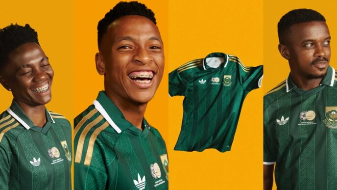 Bafana Bafana and Banyana Banyana players modelling the new 2026/27 away jerseys in green and gold.