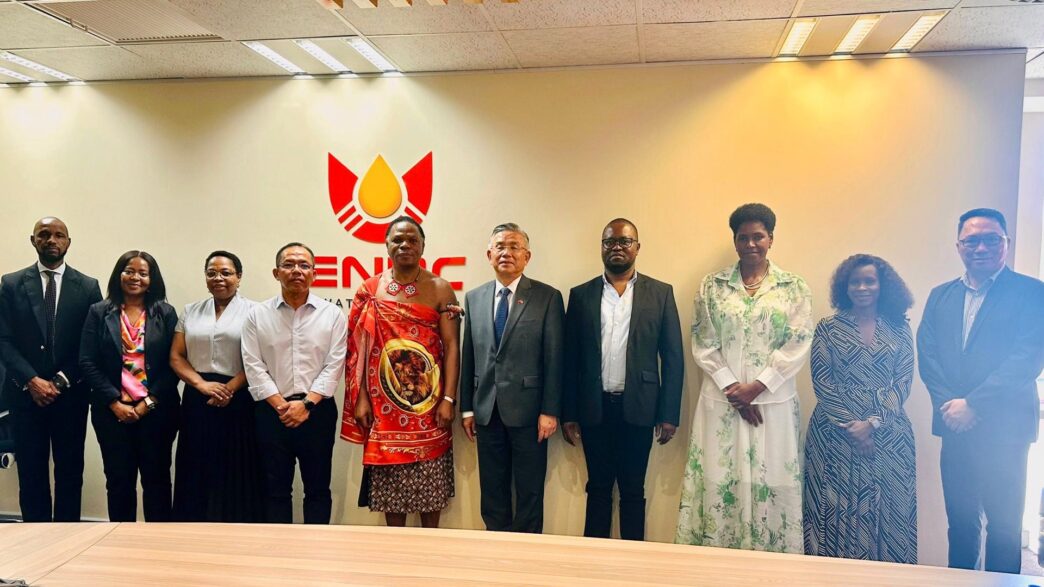 HRH Prince Lonkhokhela, Ambassador Jeremy Liang, senior ministry officials and ENPC leadership during a progress review meeting on the Strategic Oil Reserve Facility in Phuzamoya.