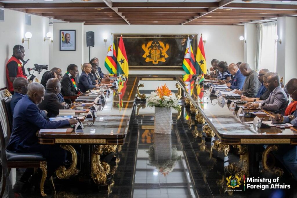 Delegations from Ghana and Zimbabwe sit opposite each other in the deal room during bilateral talks held as part of President Mnangagwa’s State Visit to Accra.