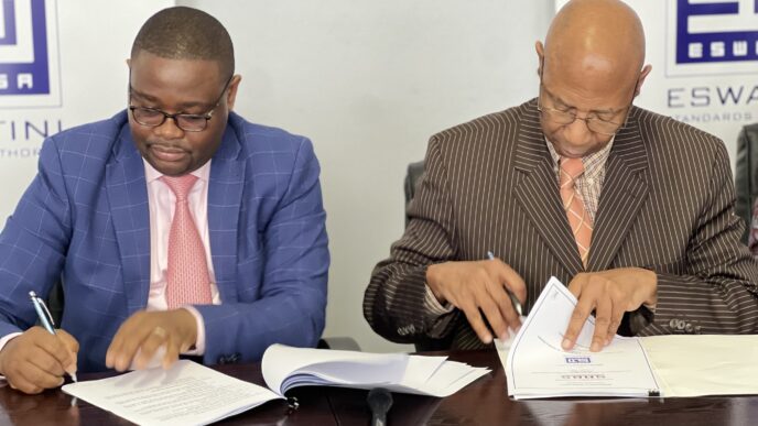ESWASA and SABS officials sign the MoU to strengthen standards and open export opportunities for Eswatini businesses.