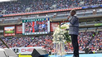 Deputy President Shipokosa Paul Mashatile addresses congregants during the Good Friday service at UCKG Ellis Park Stadium in Johannesburg.