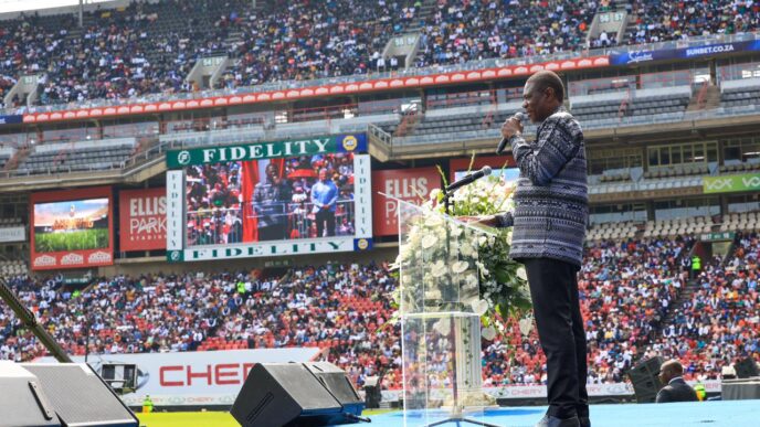 Deputy President Shipokosa Paul Mashatile addresses congregants during the Good Friday service at UCKG Ellis Park Stadium in Johannesburg.