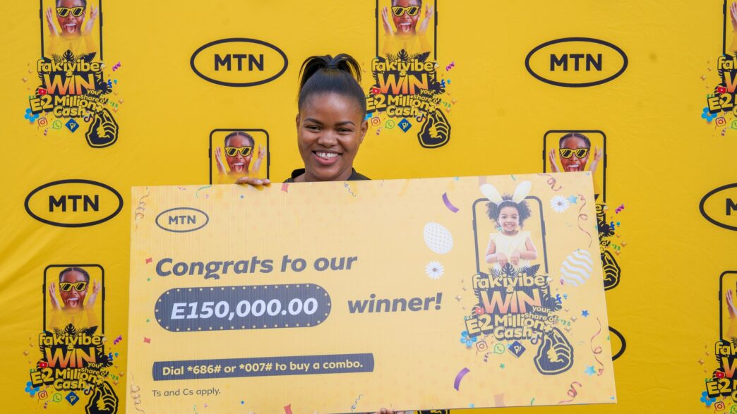 Lindelwa Mamba celebrates after winning the E150,000 grand prize in MTN Eswatini’s Fak’ivibe promotion.