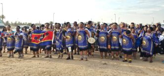 Eswatini Revenue Service athletes and officials showcase traditional song and unity during the SAIRAG 2026 opening ceremony in Swakopmund, Namibia. Photo by ERS