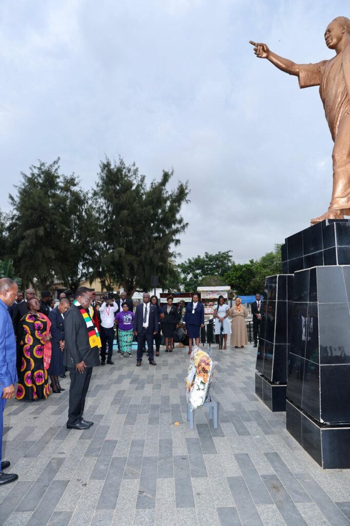 President Emmerson Mnangagwa stands solemnly before a wreath laid at the mausoleum of Dr Kwame Nkrumah in downtown Accra.