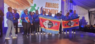 Eswatini Revenue Service athletes celebrate their medal haul in pool, table tennis, netball and chess during the SAIRAG 2026 awards ceremony in Swakopmund, Namibia. Photo by Eswatini Revenue Service.