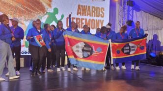 Eswatini Revenue Service athletes celebrate their medal haul in pool, table tennis, netball and chess during the SAIRAG 2026 awards ceremony in Swakopmund, Namibia. Photo by Eswatini Revenue Service.