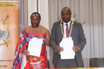 Mayor of Mbabane and representatives from Mbabane East and Mbabane West Inkhundla sign the Memorandum of Understanding at Hilton Garden Inn in Mbabane.
